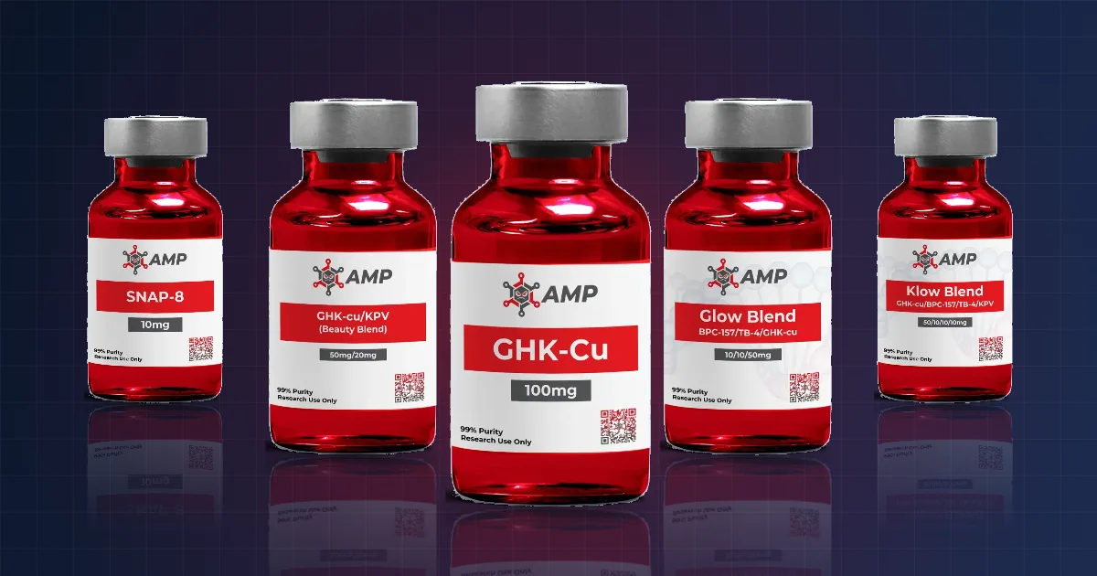 Lab Testing 1 Ameano Peptides lab testing: GHK-Cu and blend vials with batch labels