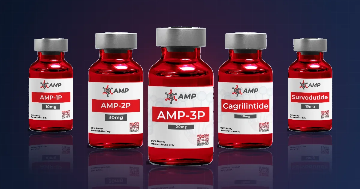 GLP-1 research peptides for sale at Ameano Peptides: AMP-1P, AMP-2P and AMP-3P vials