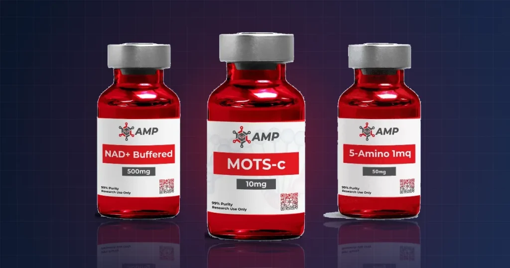Ameano MOTS-c 10mg vial with NAD+ and 5-Amino-1MQ vials